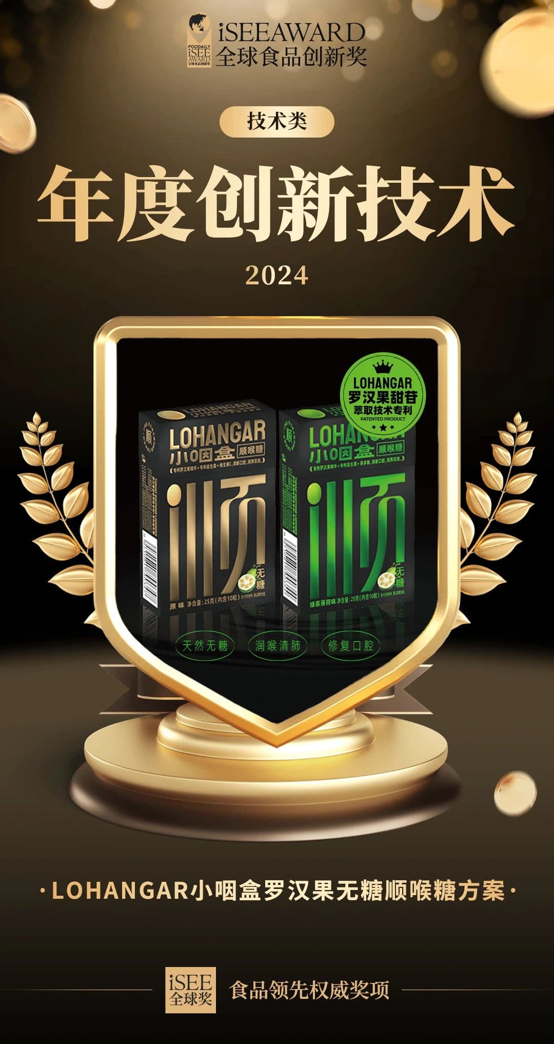 LOHANGAR Monk Fruit Sugar-Free Throat Lozenges Solution Won the 2024 iSEE Global Annual Innovation Technology Award!